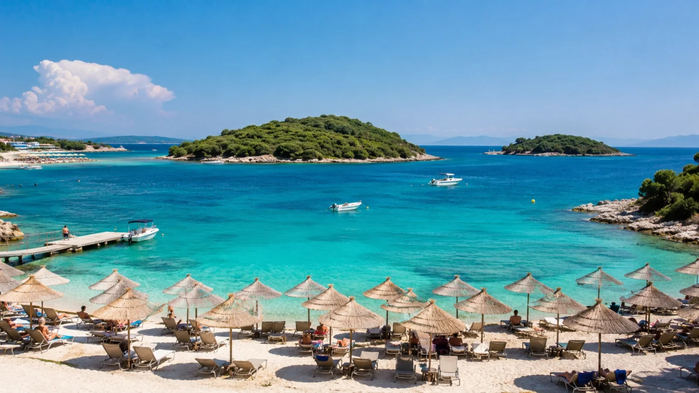 Turquoise baai bij Ksamil in Albanië met strodaken-parasols, ligbedden en groene eilandjes voor de kust