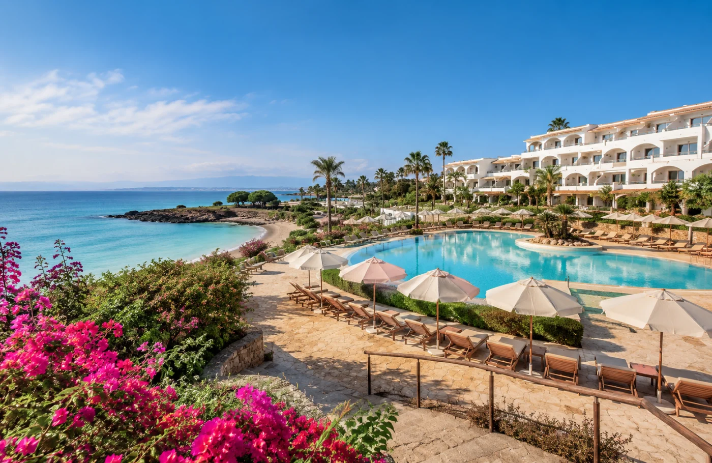 Mediterranean beach resort in April with a large swimming pool, sun loungers, parasols, flowering bougainvillea and a turquoise bay