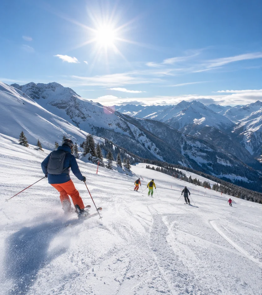 Winter sports in February: skiers on a snow-covered slope in the mountains under a blue sky