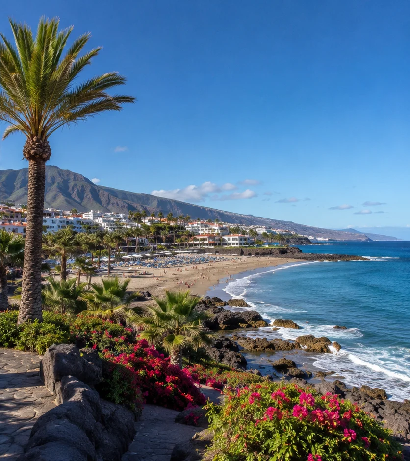 Winter sunshine in January on the coast of southern Tenerife, with palm trees, the beach and the blue sea