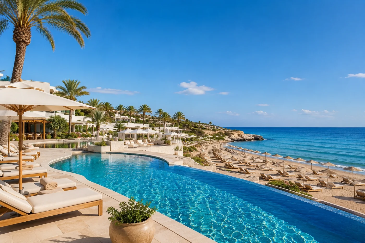 High summer at an all-inclusive resort in July with a curved swimming pool, palm trees, parasols and a beach full of sun loungers by a turquoise sea