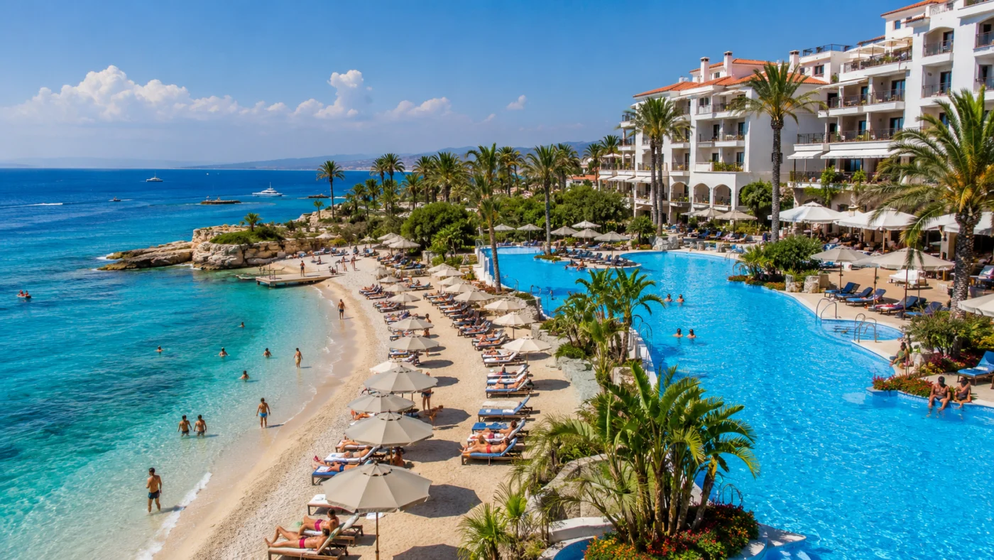 Summer beach resort in June with a large swimming pool, palm trees, parasols and sunbathers by a clear blue sea