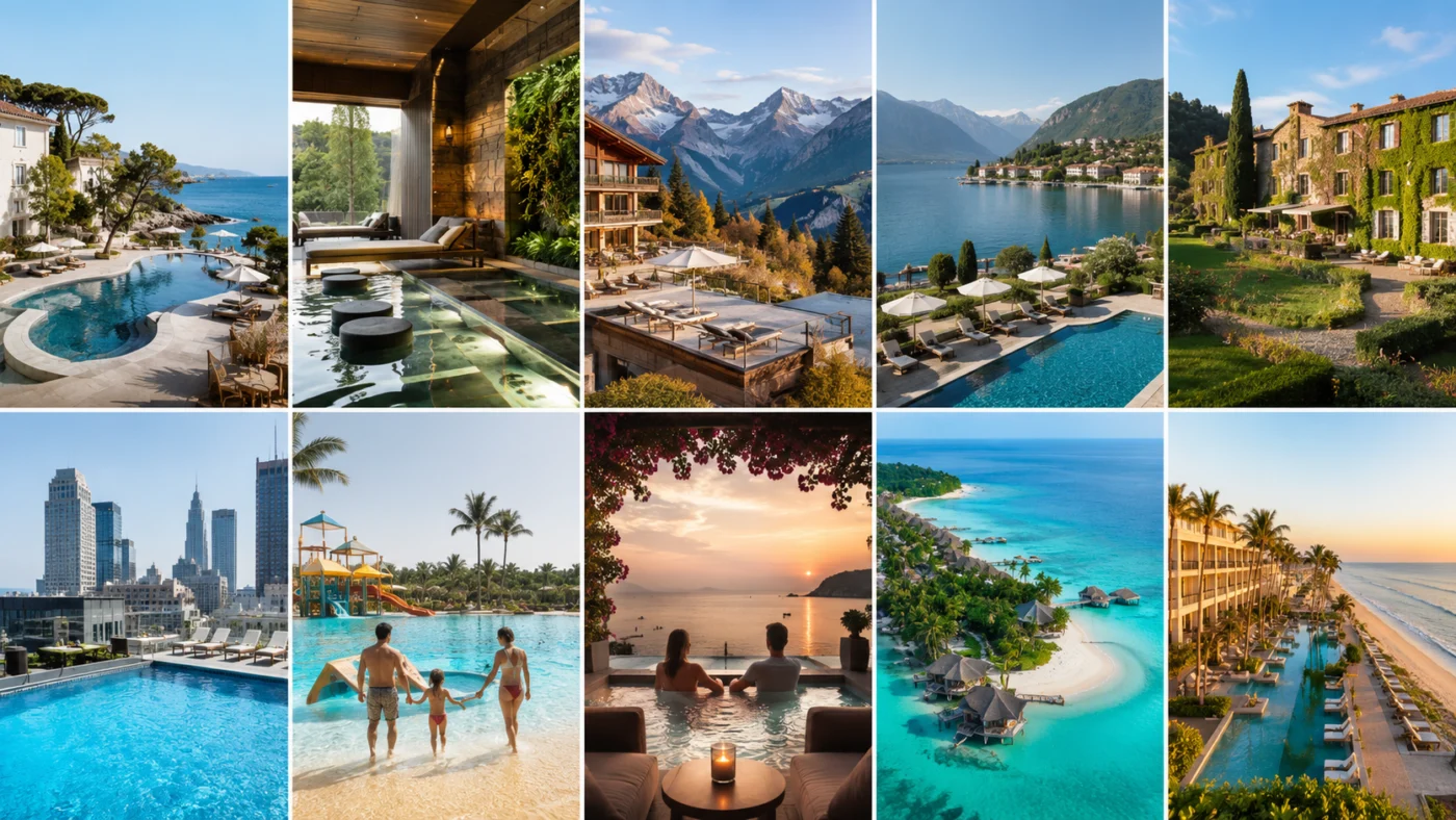 Collage of all-inclusive vacation destinations: beach resorts, swimming pools, wellness, mountains, a water park, and a tropical coast