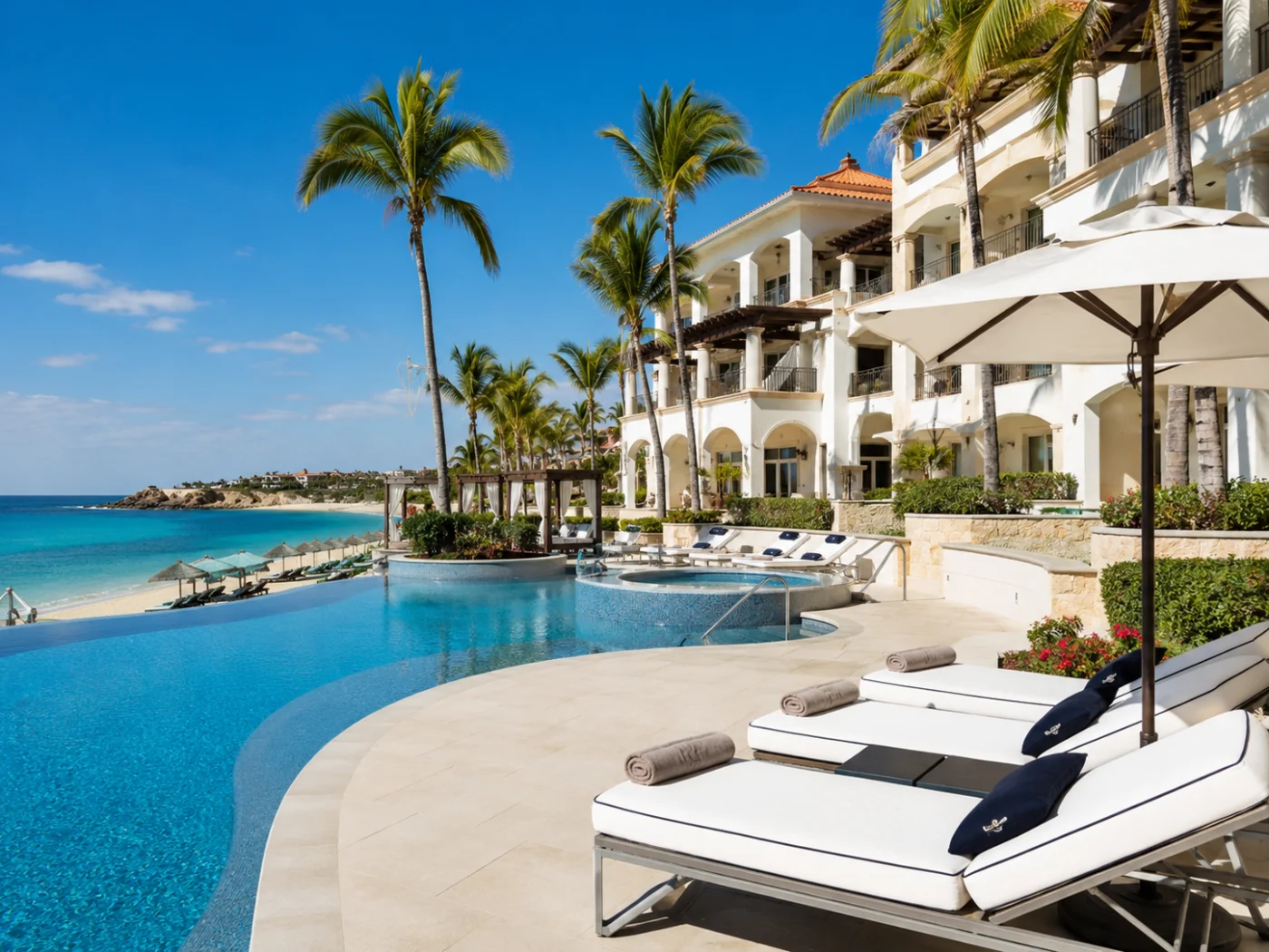 A luxury all-inclusive seaside resort with an infinity pool, palm trees and white sun loungers with rolled-up towels next to an elegant hotel building