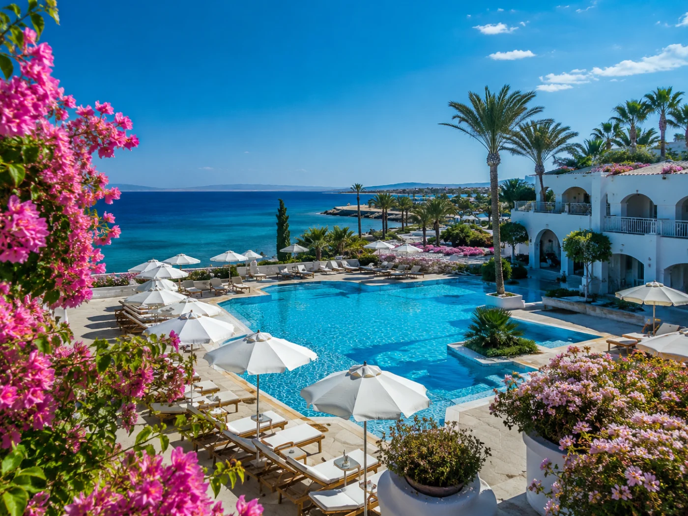 Swimming pool at a Mediterranean beach resort in May, with white parasols, sun loungers, flowering bougainvillea and a turquoise bay