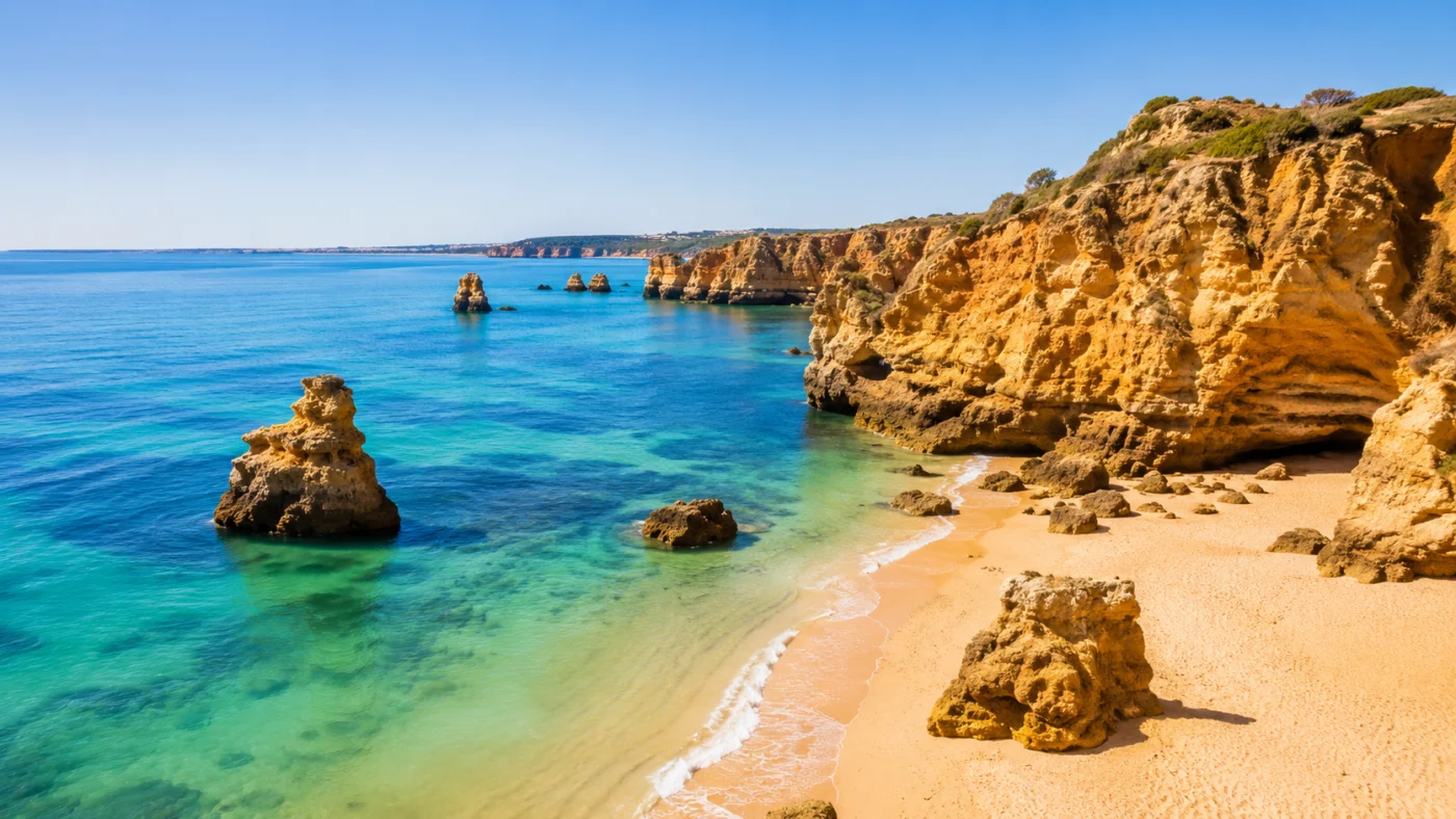 Gouden kliffen en rotsformaties boven een strand met helder turquoise water aan de Algarve