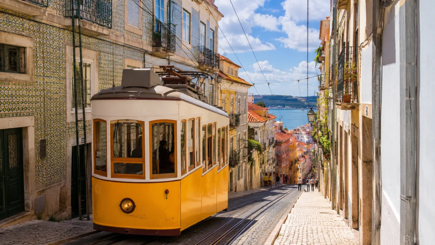 Gele tram in een steile straat van Lissabon met azulejo-gevels en uitzicht op de Taag