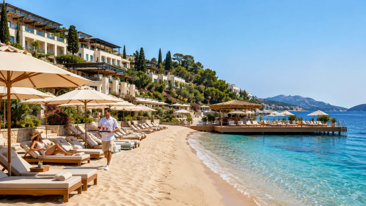 Private beach at an all-inclusive resort with sun loungers and parasols, drinks service and a beach bar on a jetty overlooking crystal-clear blue sea