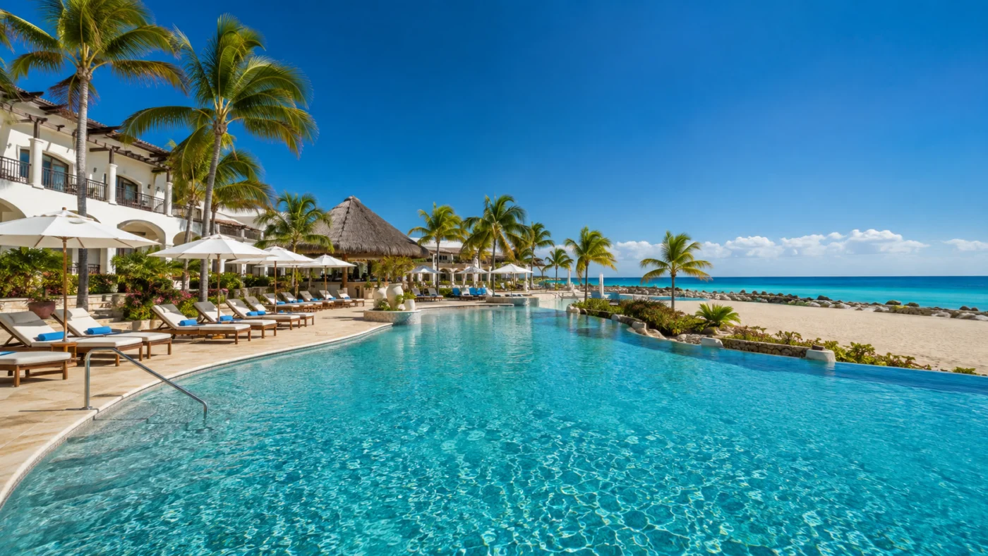 Large turquoise swimming pool at a beach resort in August with palm trees, parasols and sun loungers next to a wide beach by the sea