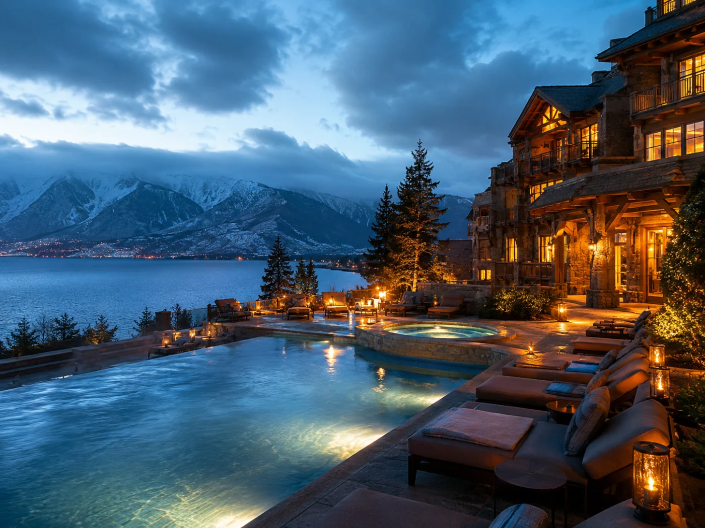 Heated infinity pool and whirlpool at an all-inclusive resort in December, with mood lighting, snow-capped mountains and a lake at dusk