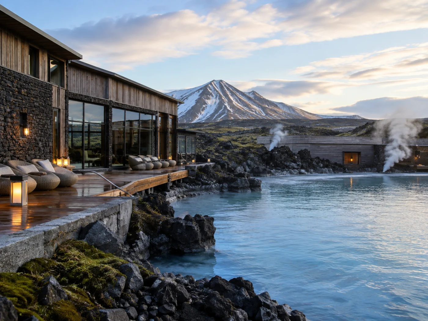 Lodge van steen en hout aan een dampende geothermische lagune in IJsland met lavarotsen en een besneeuwde vulkaan op de achtergrond