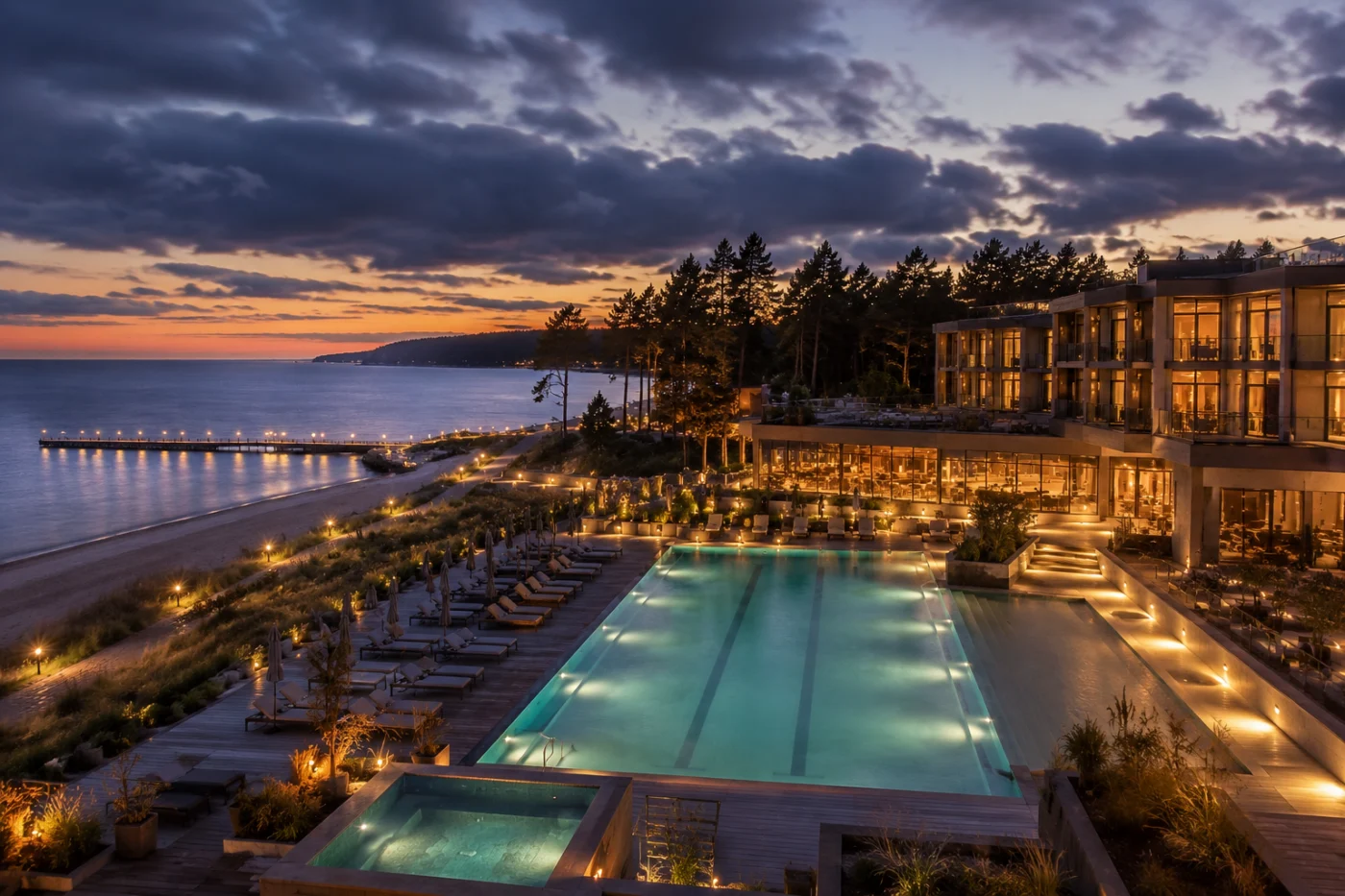 Modern spa hotel aan de Oostzeekust van Letland in de avond, met verlicht buitenzwembad, ligbedden, dennenbomen en een pier in zee