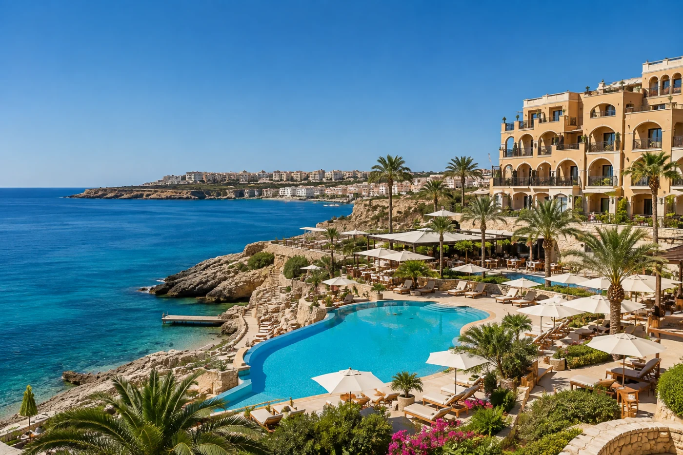 Resort van zandkleurige Maltese steen aan een rotsachtige kust met zwembad, palmen en parasols en uitzicht over de blauwe Middellandse Zee