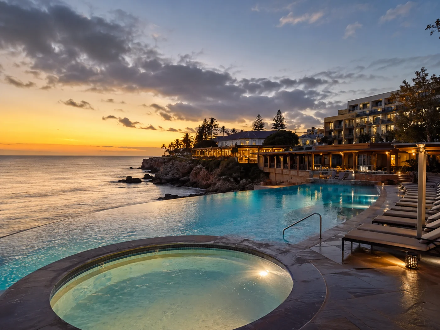 Evening light at an all-inclusive resort in November with an illuminated infinity pool and whirlpool on a rocky coast at sunset