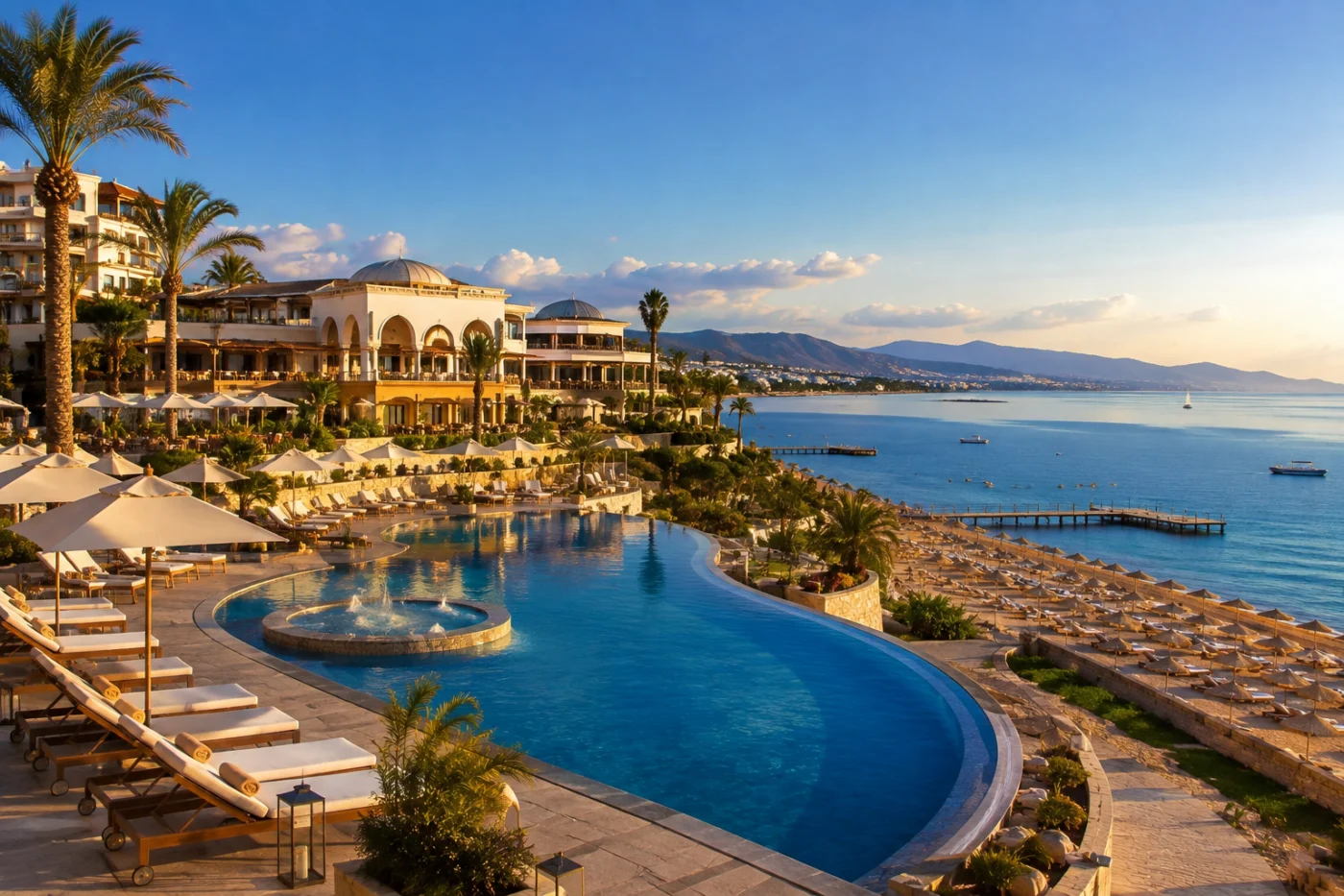 Autumn sun over a luxury coastal resort in October, featuring a curved swimming pool, palm trees, parasols and a calm sea with a jetty