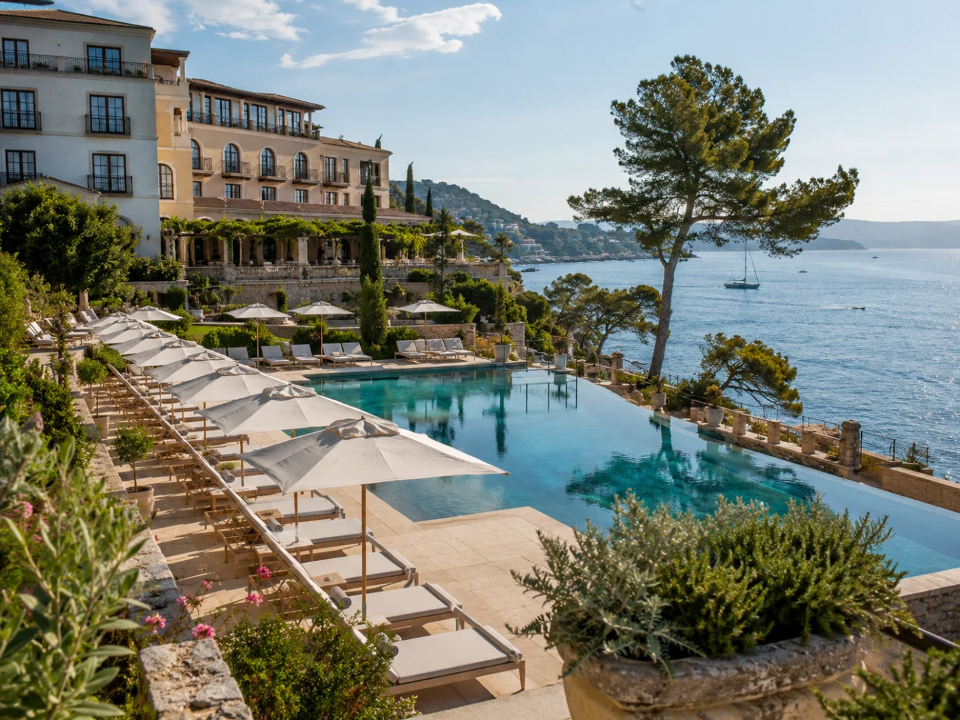 Mediterraan hotel met infinity pool, parasols en ligbedden aan zee in het vroege zomerlicht, ideaal voor een all inclusive vakantie met Pinksteren