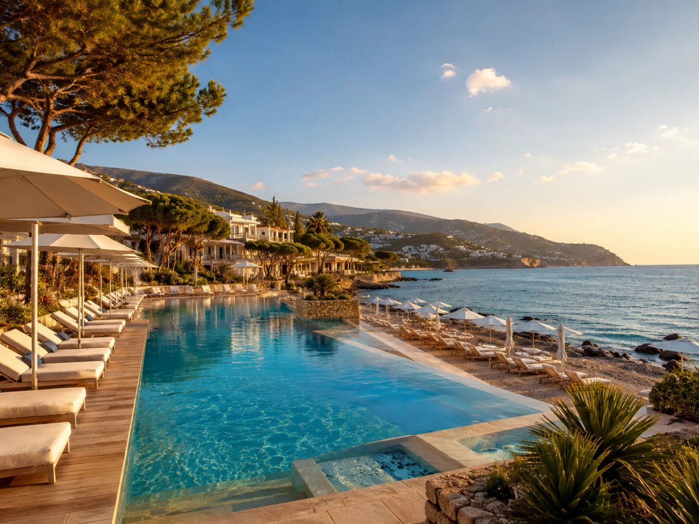 Late summer evening sun over the swimming pool of a Mediterranean coastal resort in September, with parasols, sun loungers, pine trees and a calm sea