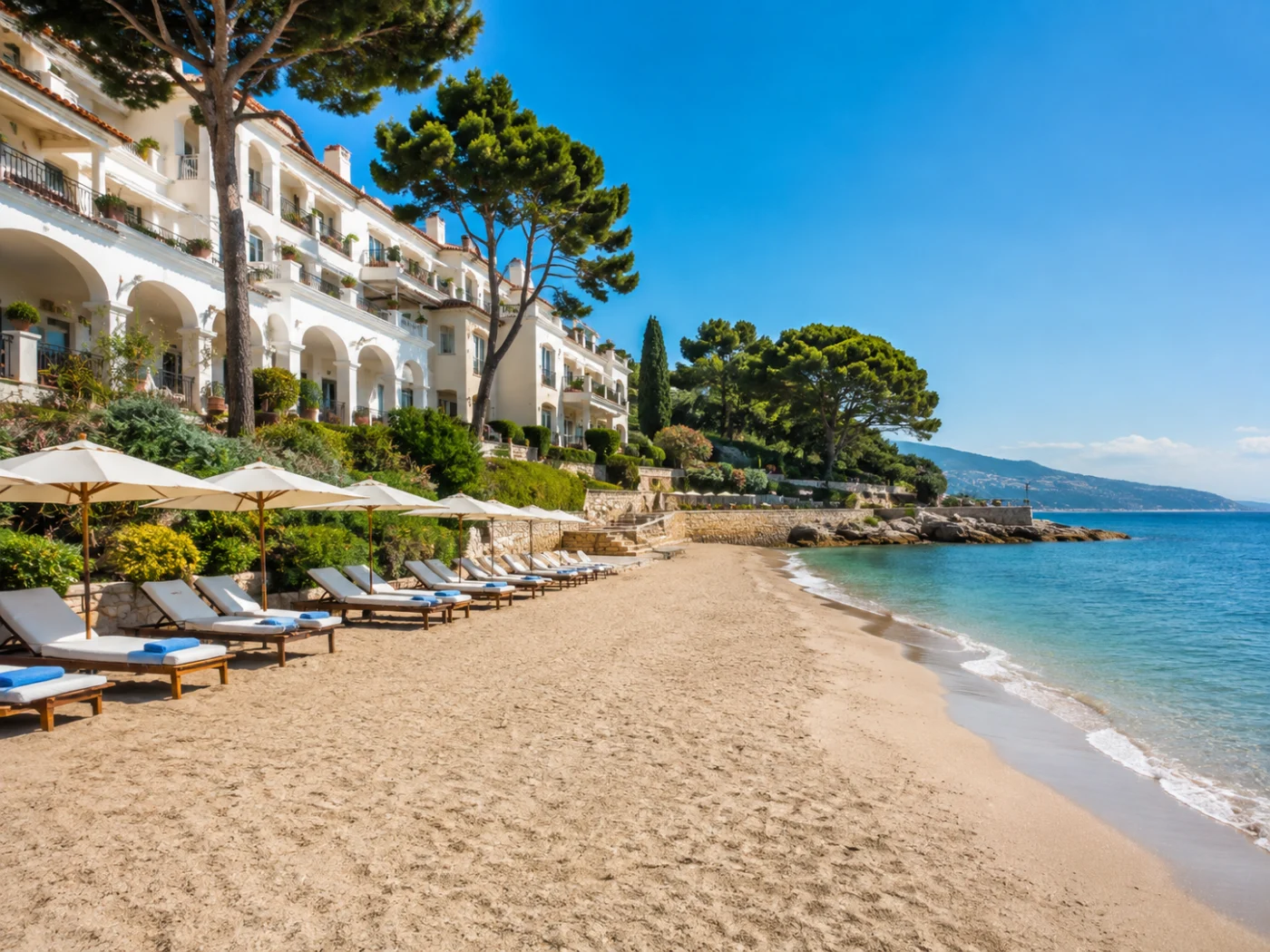 Wit mediterraan strandhotel met ligbedden en parasols direct aan een zonnig zandstrand in de zomervakantie