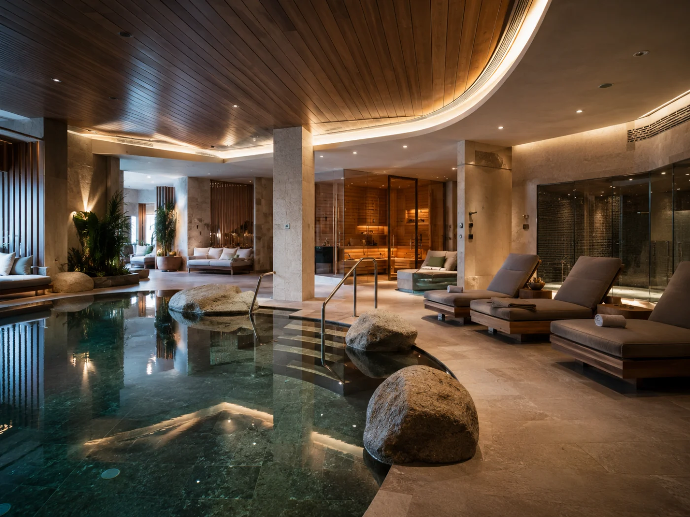 Wellnessruimte van een all inclusive hotel met binnenzwembad, natuursteen, ligbedden en sauna achter glas
