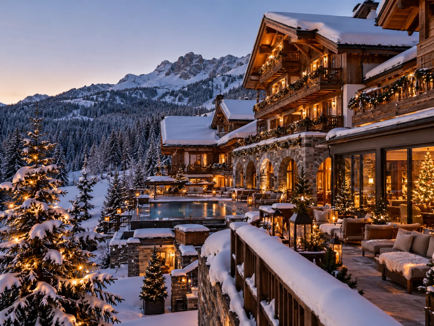 Sfeervol berghotel met kerstverlichting, besneeuwde chalets en verwarmd buitenzwembad in de bergen tijdens de kerstvakantie