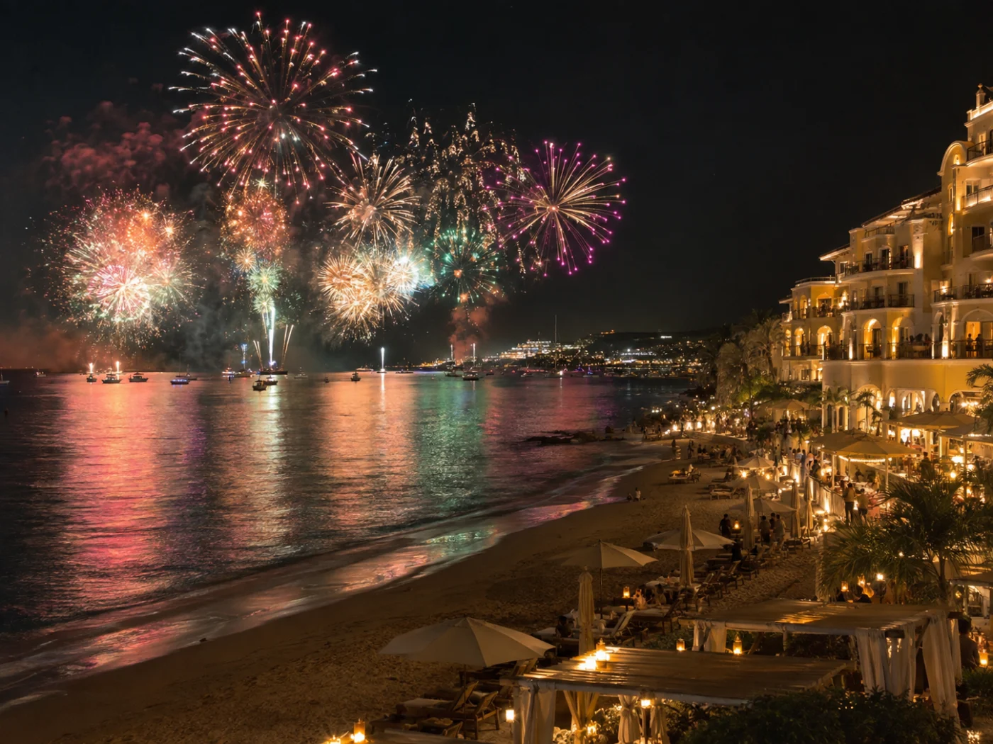 Vuurwerk boven zee bij een sfeervol verlicht strandhotel tijdens oudejaarsavond