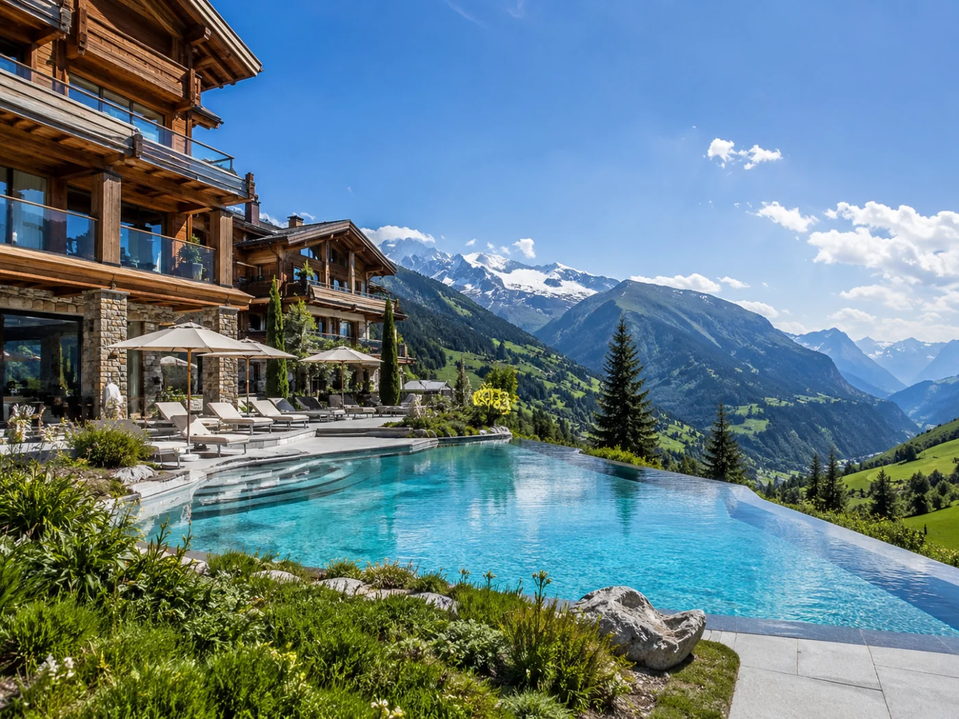 Chalethotel met infinity pool en ligbedden boven een groen Alpendal in Zwitserland, met besneeuwde bergtoppen in de verte