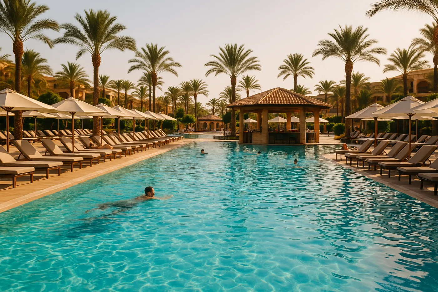 Large outdoor pool of an all-inclusive resort with sun loungers, parasols and palm trees