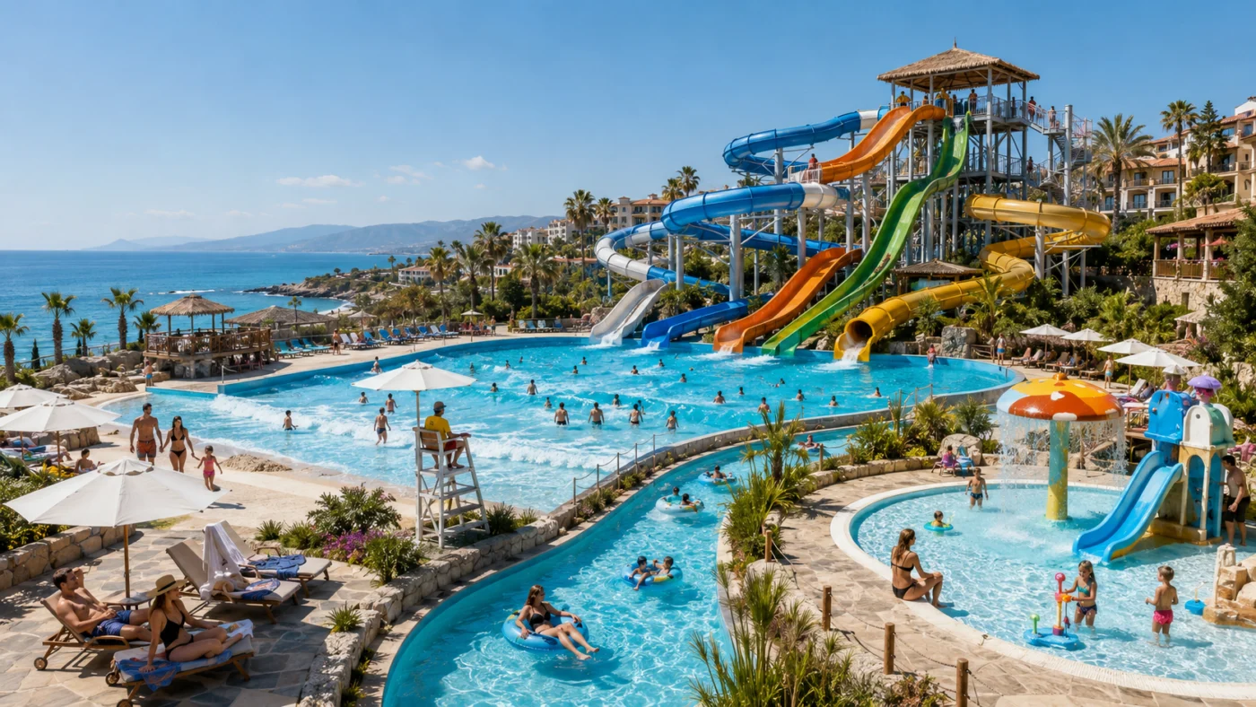 Water park of an all-inclusive resort by the sea with colourful slides, a wave pool, lazy river and children's pool